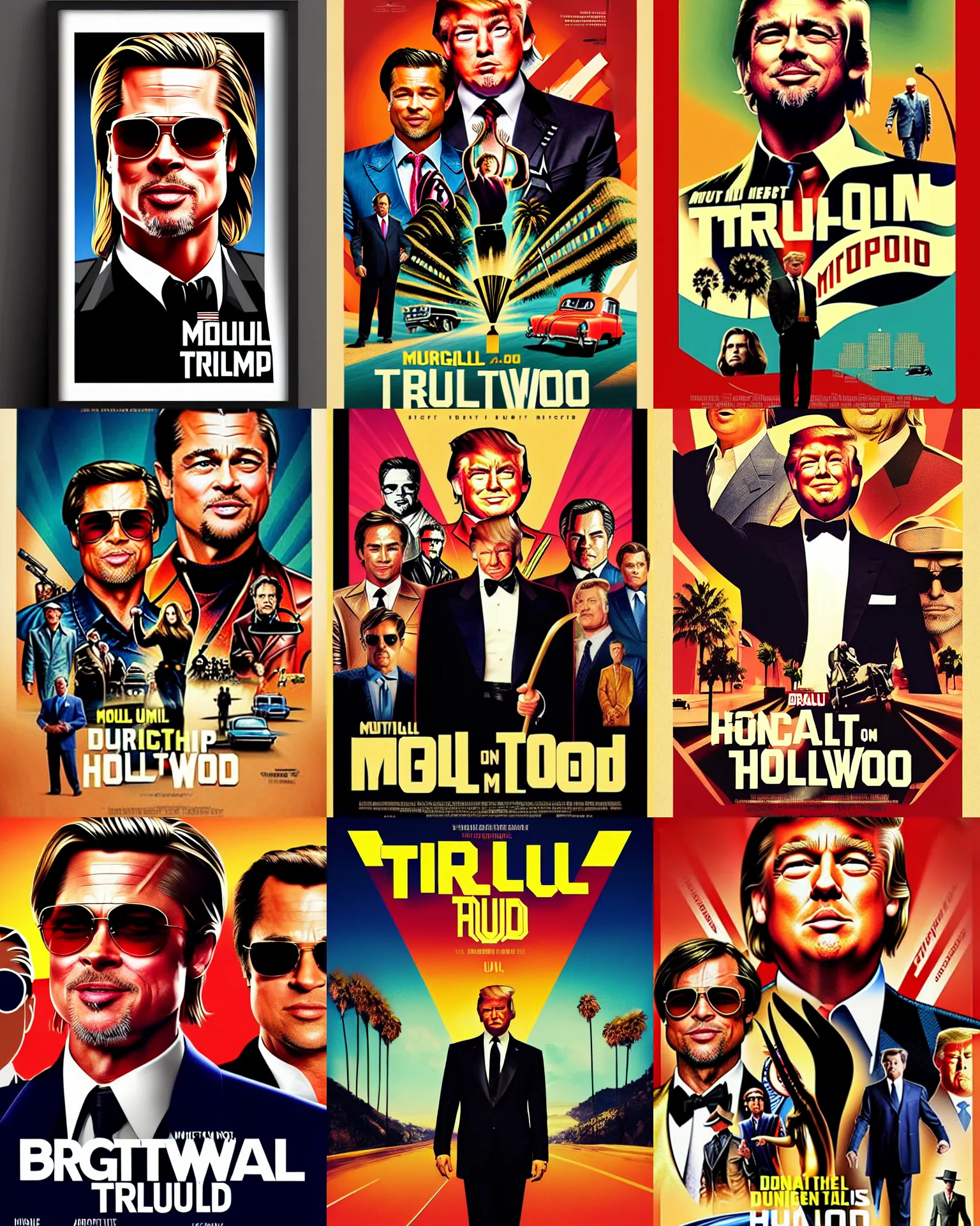 Prompt: mogul, brad pitt is donald trump, vibrant movie poster, style of once upon a time in hollywood, directed by quentin tarantino, minimalist, trending on artstation