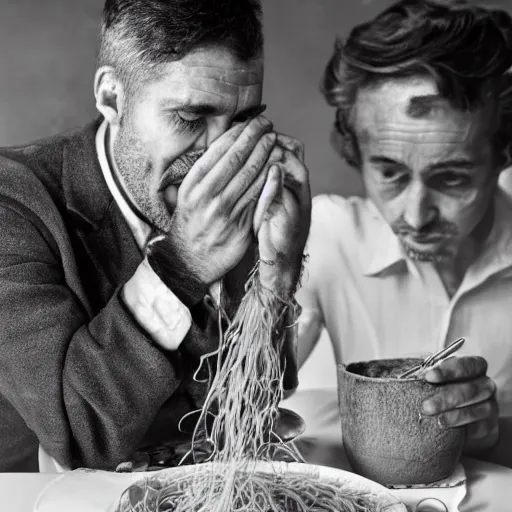 Image similar to Italian man is crying over his ruined spaghetti. A french person with a baguette laughs nearby.