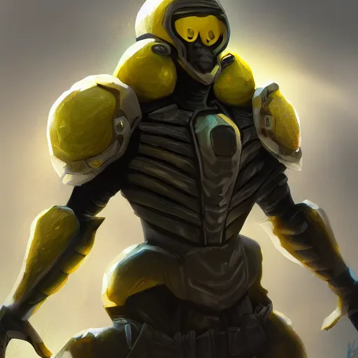 Image similar to A lemon full body portrait wearing dark matter armor standing on a hill, dynamic lighting, photorealistic concept art, stunning visuals, creative, trending on art station, ultra detailed