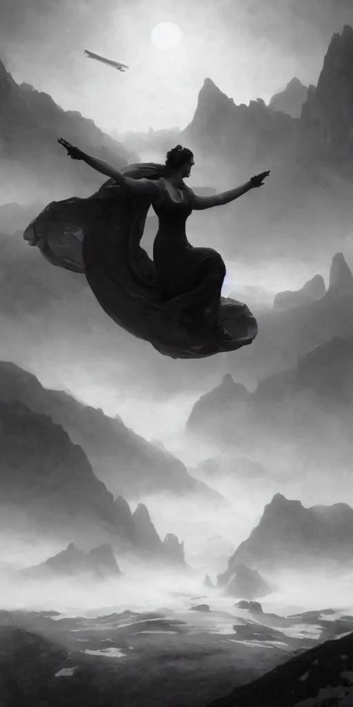 Image similar to A beautiful female alien flying over a foggy snowy mountain, Realistic, Refined, Detailed Digital Art, Oil Painting, William-Adolphe Bouguereau, Renaissance, Highly Detailed, Cinematic Lighting, black and white, tintype, Unreal Engine, 8K