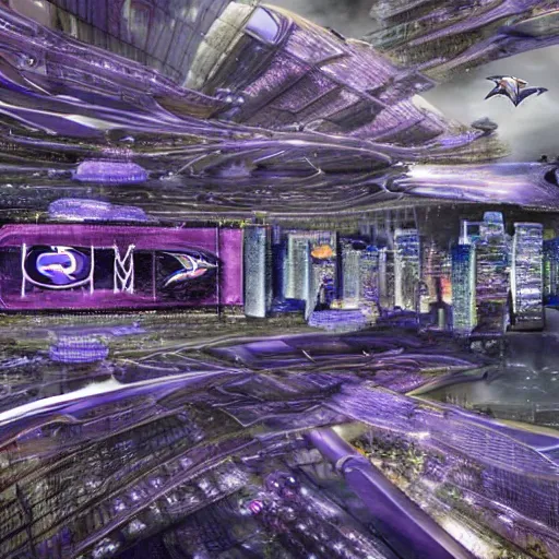 Image similar to futuristic city where the Baltimore Ravens rule the world