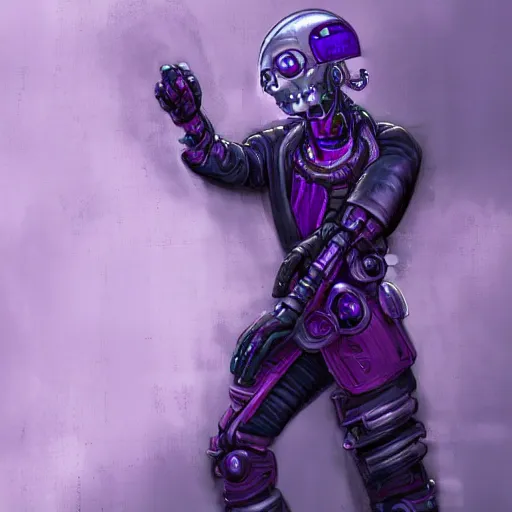 Prompt: a portrait photo of a futuristic sci - fi pirate, purple themed, cybernetically enhanced pirate, cyborg