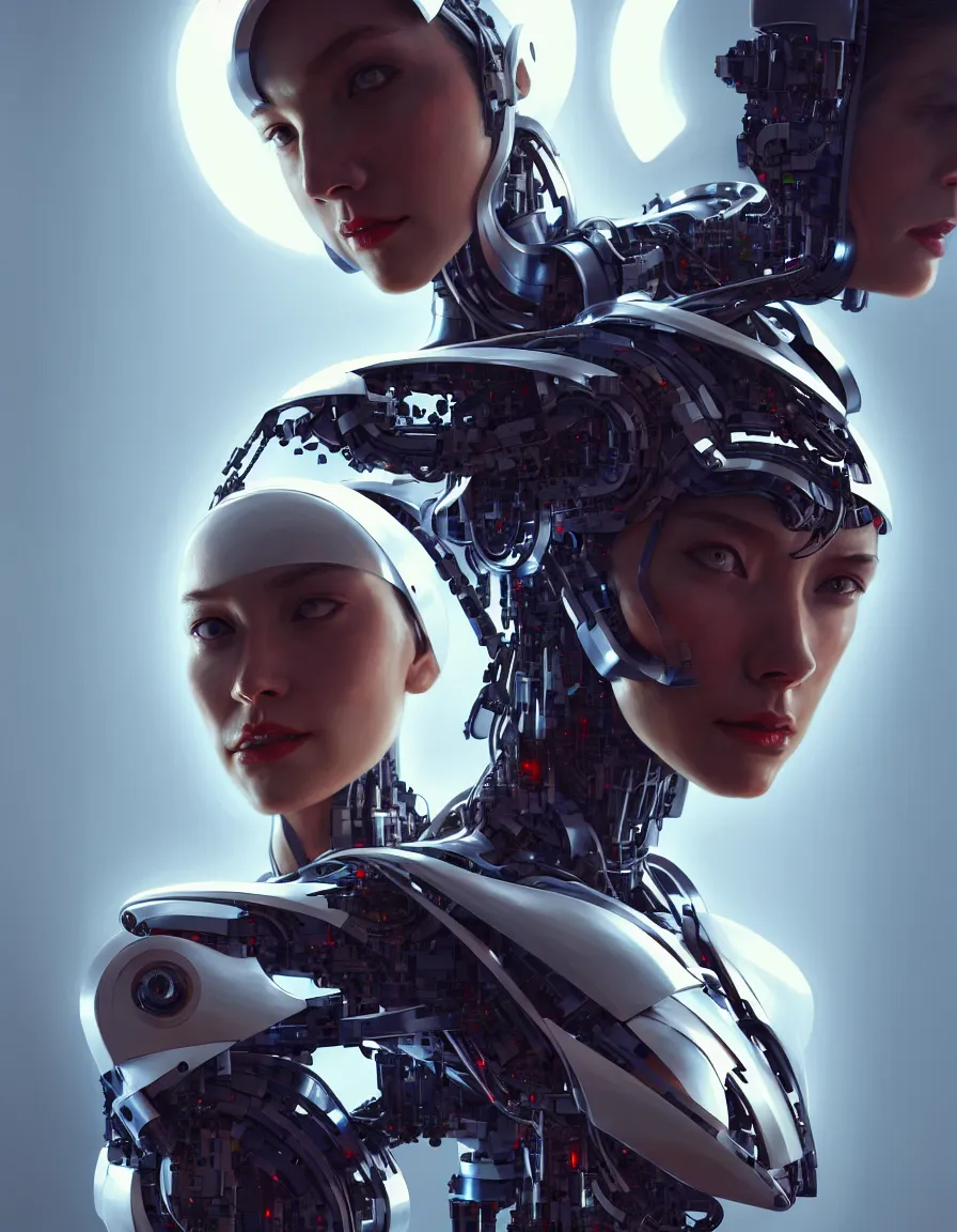 Image similar to portrait of a female cyborg. intricate abstract. intricate artwork, by tooth wu, wlop, bill sienkiewicz, syd mead. concept art, octane render, trending on artstation, greg rutkowski very coherent symmetrical artwork. cinematic, key art, hyper realism, high detail, octane render, 8 k, iridescent accents