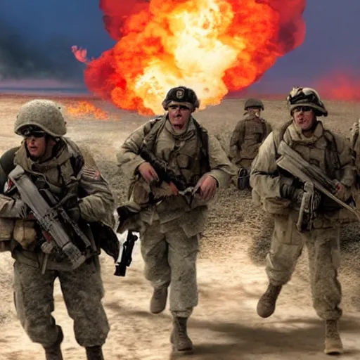 Image similar to american soldiers running at the camera with rifles during normandy beach landing with fiery explosions and debris and dead bodies and limbs all around them in the style of the movie up, gritty, 4 k, cinematic lighting,