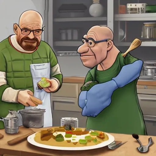 Image similar to Walter White cooking with Shrek, concept art, hyperrealistic, professional photograph