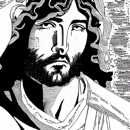 Image similar to jesus by hirohiko araki and moebius