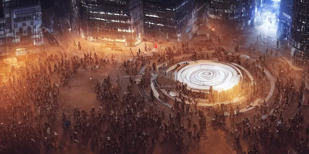 Prompt: policemen protect and guard a huge spiral - shaped luminous object right in the center of the city from protesting people, night, rain and light fog, professional lighting, concept art in 3 d, high detail, professional lighting