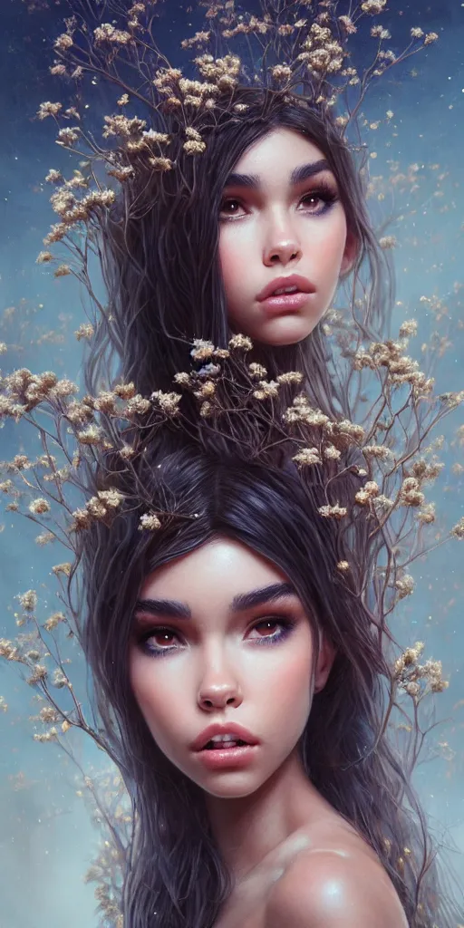 Prompt: kiss madison beer with a branches growing from her head, alterd carbon, dreamy ethereal vibe, atmospheric, detailed intricate render, fibbonacci, detailed illustration, hd, 4 k, digital art, overdetailed art, gold, surrealistic, by greg rutkowski, by loish, trending on artstation, deviantart