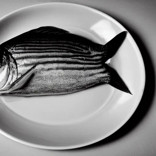 Prompt: a fine art black and white photo of a fish on a plate