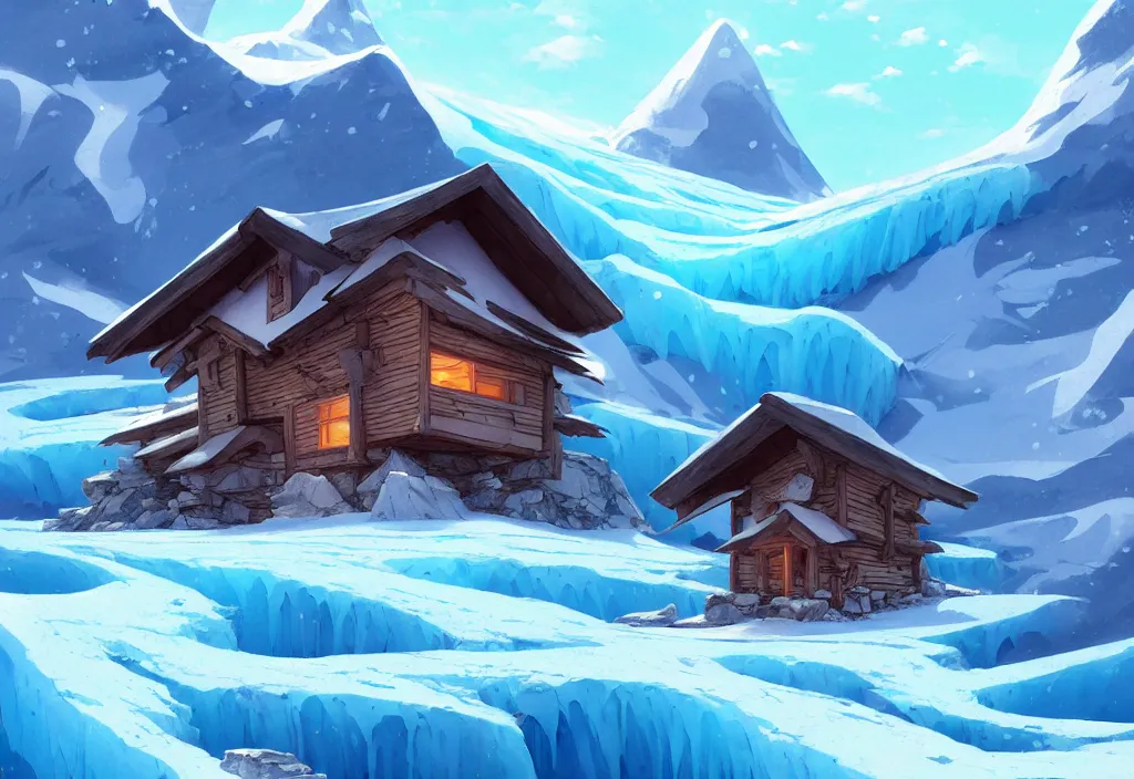 Image similar to a glacier with a tiny chubby wood house on the foreground, ice, rocks, intricate oil painting, high detail illustration, sharp high detail, manga and anime 1 9 9 9, official fanart behance hd artstation by jesper ejsing and makoto shinkai, 4 k,