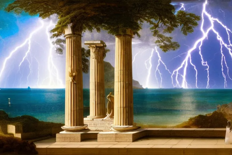 Image similar to Doric temple on front of balustrade and palace columns, refracted lightnings on the ocean, thunderstorm, tarot cards characters, beach and Tropical vegetation on the background major arcana sky and occult symbols, by paul delaroche, hyperrealistic 4k uhd, award-winning, very detailed paradise