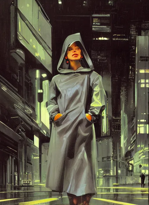 Image similar to a realistic portrait of a beautiful woman wearing a plastic hoodie in a dystopian city, raining by syd mead