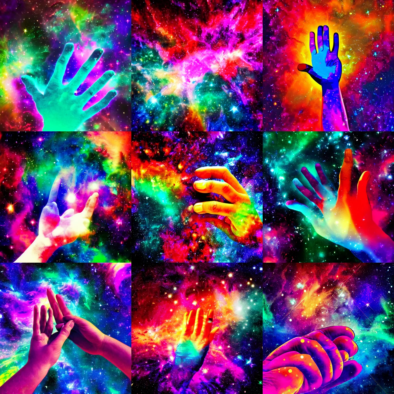 Prompt: a hand reaching out from a colorful nebula, digital art, psychedelic, 8K