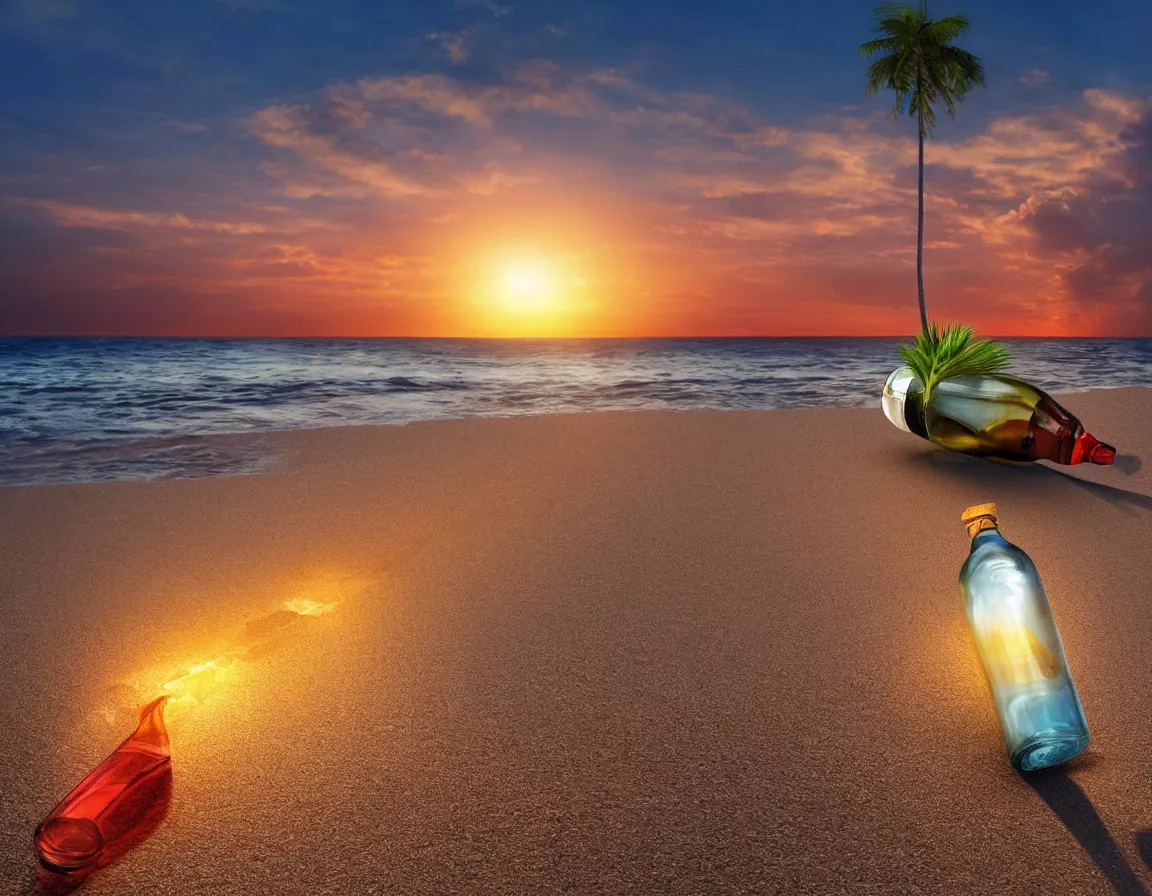 Image similar to 3 d rendering of message in the bottle washed ashore, beach island with one exotic palm tree, sunset lighting