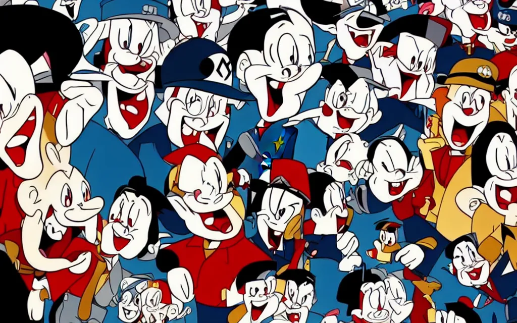 Image similar to episode of animaniacs where yakko wakko and dot Warner torment adolf hitler, cartoon animaniacs in world war 2 era Germany where they bounce on Hitler's head, Hitler is crying, streaming on hulu, high quality upload, Steven spielberg Warner bros animation