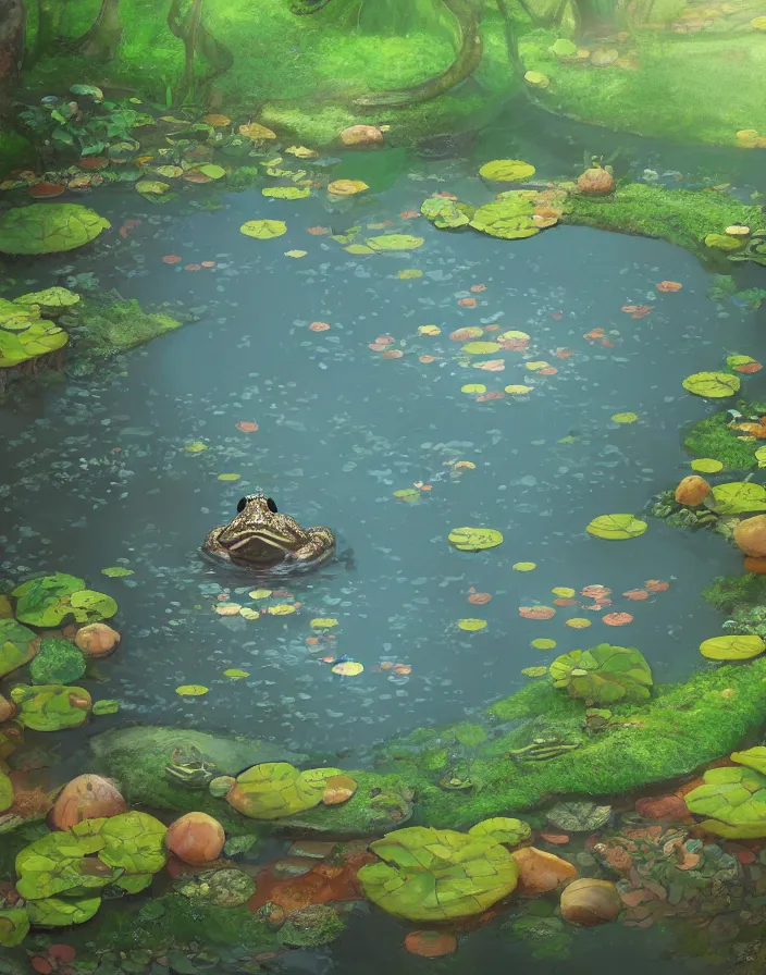 Prompt: frog on a lilypad in a koi fish pond in the forest, environment concept art, daytime ethereal anime, high detail Impressionist style, dreamy light color palette, style of studio ghibli and moebius, concept art stunning atmosphere, trending on artstation, volumetric light