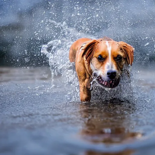 Image similar to Photorealistic photograph of a dog splashing in a puddle, photorealism, photorealistic, realism, real, highly detailed, ultra detailed, detailed, depth of field, shutter speed 1/1000, 200mm Focal Length, Canon EOS R7
