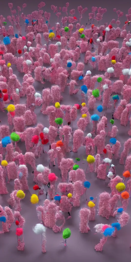 Image similar to group of giant sakura-colored people dancing made out of fluffy pipecleaners in the style of Jean-Michel Basquiat, 3D cinematic lighting, spotlight at a 90 DEGREE ANGLE, photorealism, octane render, depth of field, 8k, 35mm, artgem, Trending on artstation