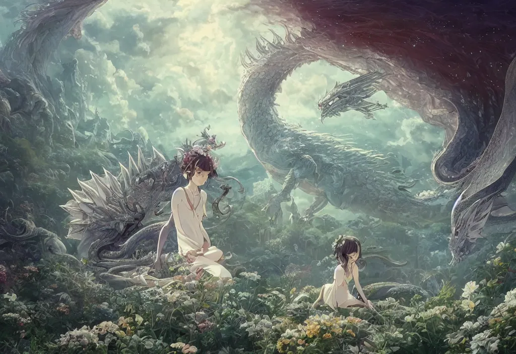 Prompt: the beautiful hyper detailed scene render that a lonely single beautiful girl lies in the arms of a huge silver dragon alone in the fairyland surrounded by white clouds, in the style of makoto shinkai victo ngai and peter mohrbacher studio ghibli artgerm karol bak beeple, animation style, 8 k hd, dream, ultra wide angle, animation style