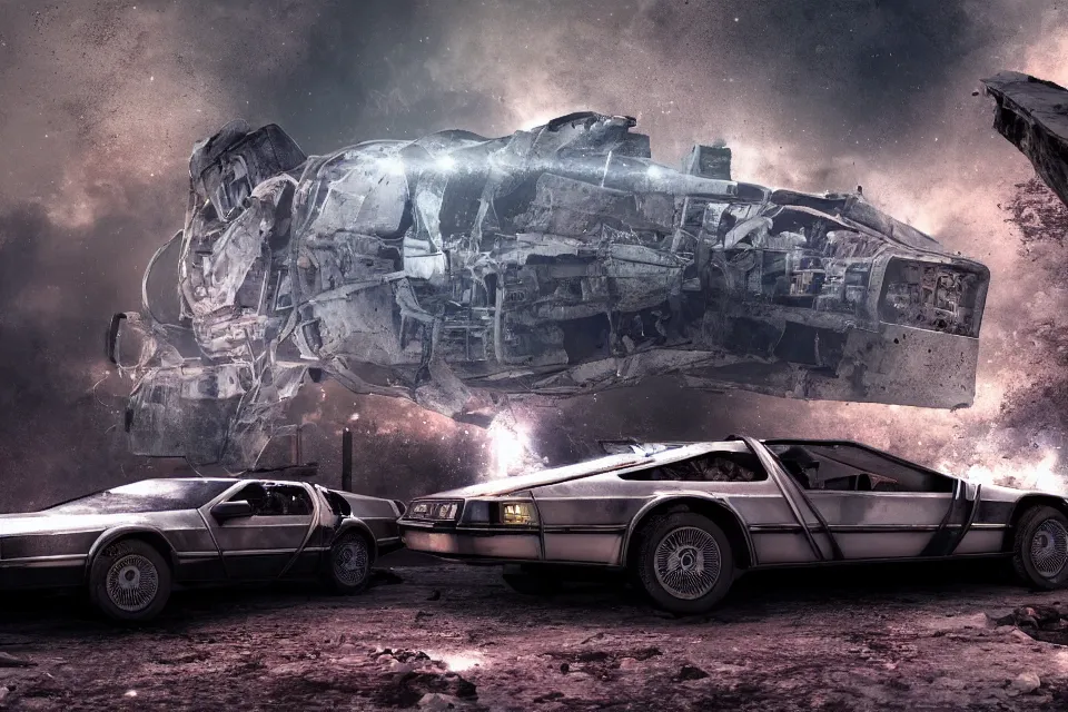 Image similar to delorean dmc 5 next to ancient space ship wreck horror, dark cinematic, volumetric, realistic, 3 d render, realistic render, cinematic lighting, volumetric lighting, atmospheric, cinematic, unreal engine, unreal engine render, octane render, hd, photorealism, hyper realistic, photo, 8 k