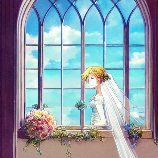 Image similar to a detailed beautiful picture of the window of the church, a bride and a groom, sky, flower, by makoto shinkai, - w 7 6 8