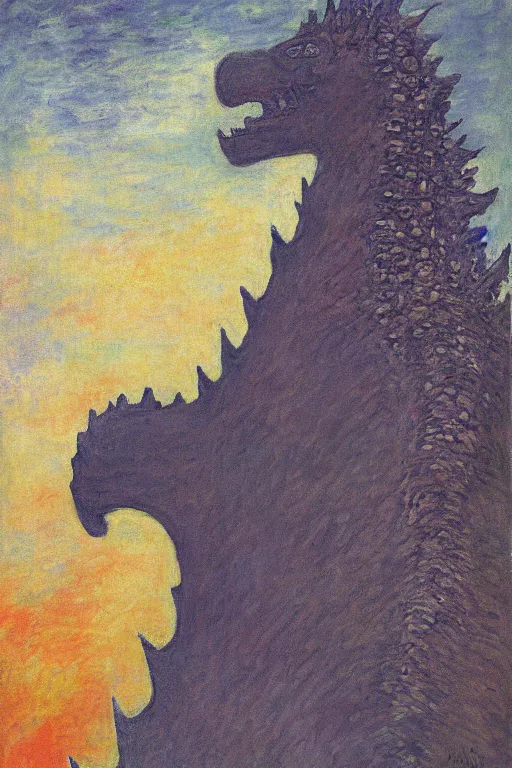 Prompt: shinzo abe head on Godzilla painting by claude monet