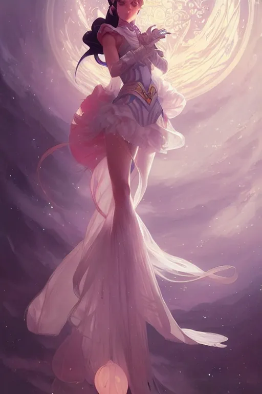 Image similar to Sailor Moon, fantasy, intricate, elegant, highly detailed, digital painting, artstation, concept art, matte, sharp focus, illustration, art by Artgerm and Greg Rutkowski and Alphonse Mucha