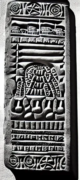 Image similar to ornate sumerian tablet, black and white, very ancient design