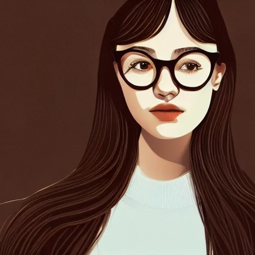 Prompt: portrait of a teenage girl with bangs, brown hair and bangs, round silver glasses with thin rims, wearing an oversized sweater, digital art, elegant pose, simple illustration with thick lineart