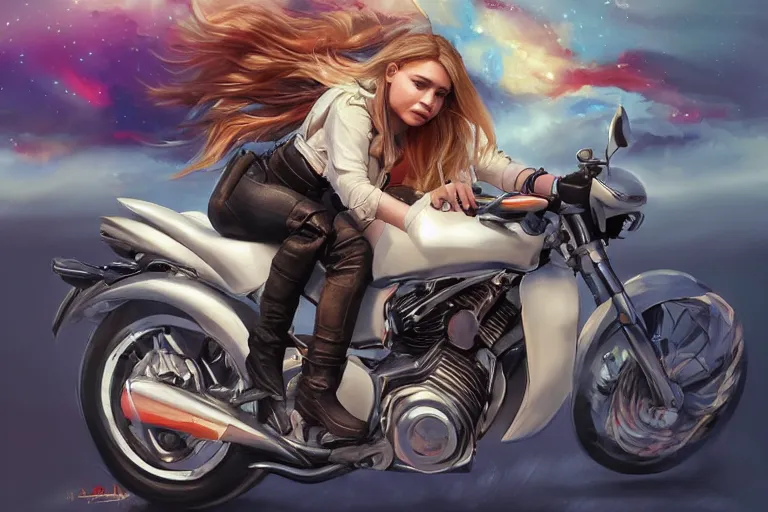 Image similar to chloe grace moretz is riding a motorbike, digital painting, artstation, the space background, concept art, by artgerm hyperdetailed trending on artstation trending on deviantart