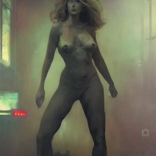 Image similar to kelly bundy, hyperrealistic full figure, bladerunner street alley, art of elysium by frank frazetta and by jeremy mann and by alphonse mucha, fantasy art, photo realistic, dynamic lighting, artstation, full figure poster, volumetric lighting, very detailed face, 4 k, award winning