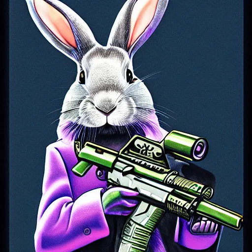 Image similar to portrait of rabbit with UV neon fur holding a machine gun , 8k, highly detailed, sharp, realistic, in style of Brom