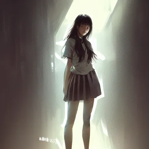 Image similar to full body portrait of a korean schoolgirl with long hair and bangs, her arms are splitting into roots, dramatic lighting, illustration by Greg rutkowski, yoji shinkawa, 4k, digital art, concept art, trending on artstation