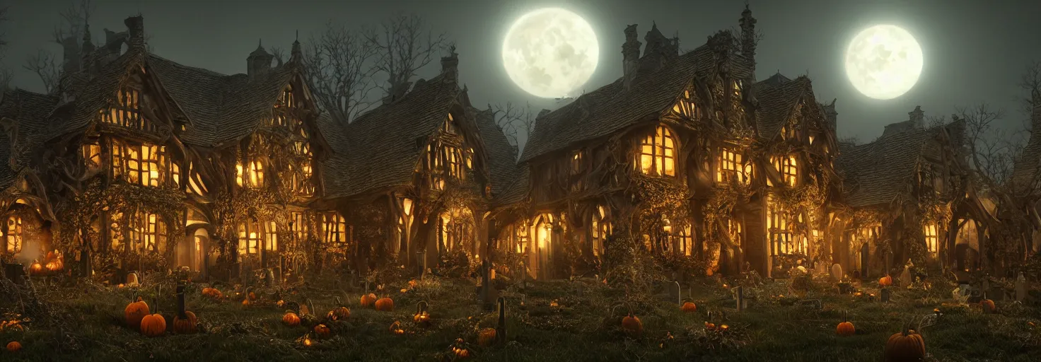 Image similar to a highly detailed old english tudor cottage in a scary pumpkin patch and graveyard, volumetric, fall colors, night, dead tree forest, pumpkins, moon, photorealistic, insanely detailed and intricate, epic scene, volumetric haze, hyper realistic, elegant, ornate, elite, horror, creepy, ominous, haunting, cinematic lighting, unreal engine, symmetrical, cinematic centered camera, high detail