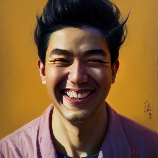 Image similar to portrait painting of smiling man, medium shot, asymmetrical, profile picture, organic painting, sunny day, matte painting, bold shapes, hard edges, street art, trending on artstation, by huang guangjian and gil elvgren and sachin teng