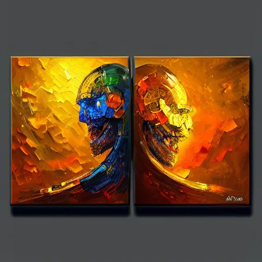 Image similar to two Artificial Intelligence fighting with brushes on a canvas to create the most beautiful painting ever, oil painting, digital art, trending on artstation, highly detailed, 8k,