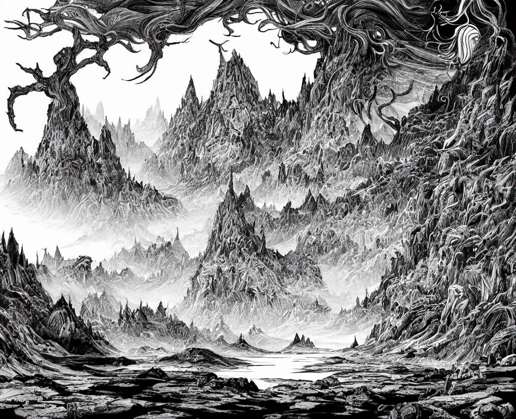 Image similar to impressive fantasy landscape, beautiful line art, ink illustration, pure b&w, white frame