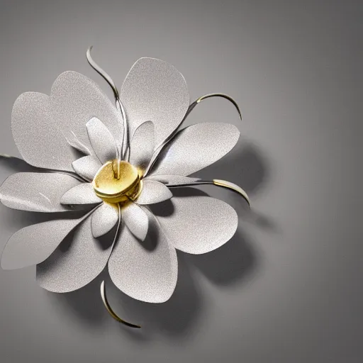 Image similar to a flower made of metal, 8 k, photorealistic, photograph, award winning, gloden hour, volumetric light