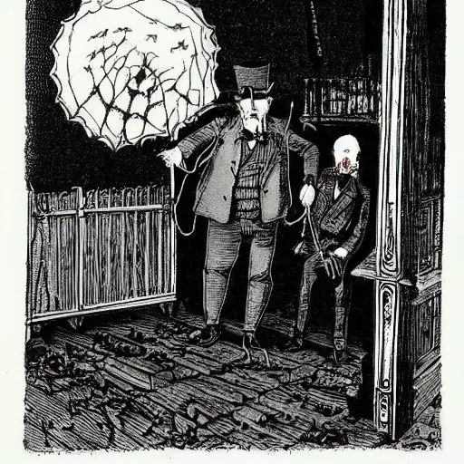Image similar to a macabre victorian illustration by edward gorey of steampunk ghostbusters chasing ghosts and shooting at ghosts with ray - guns, in buildings or in the streets.