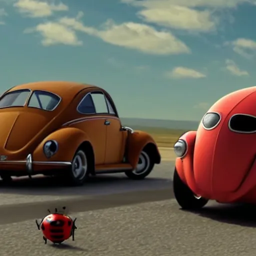 Image similar to promotional movie scene of a ( volkswagen beatle ) and lady bug hybrid. a volkswagen merged into a bug. it is racing down a dusty back - road. cinematic, 4 k, imax, 7 0 mm