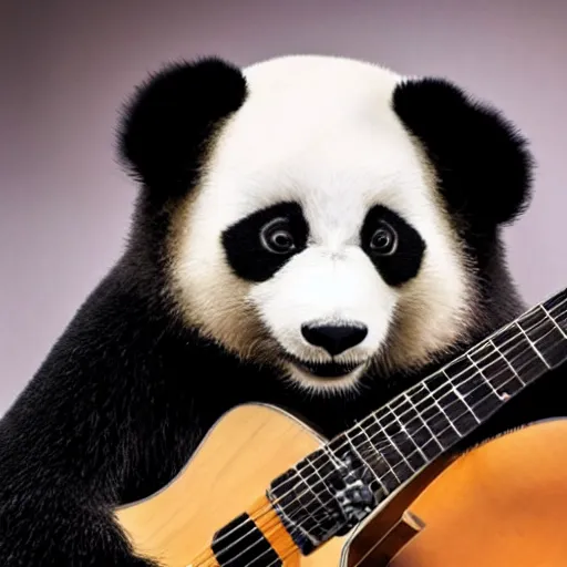 Prompt: foto asli panda bermain gitar sambil duduk di sofa