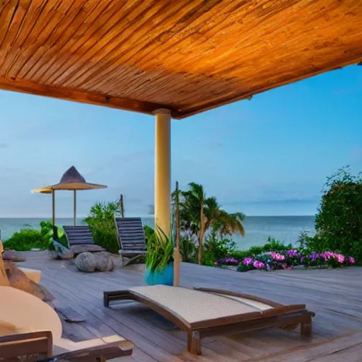 Image similar to modern beach - front house with a large gazebo, yard is full of flowers, sunset