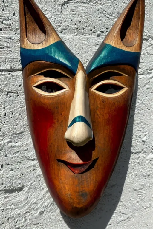Prompt: a flat carved wooden elf mask face, staring real goat eyes, outer glow, dark blue background with stars shapes vividly coloured, highly detailed, vintage european folk art, colour photograph