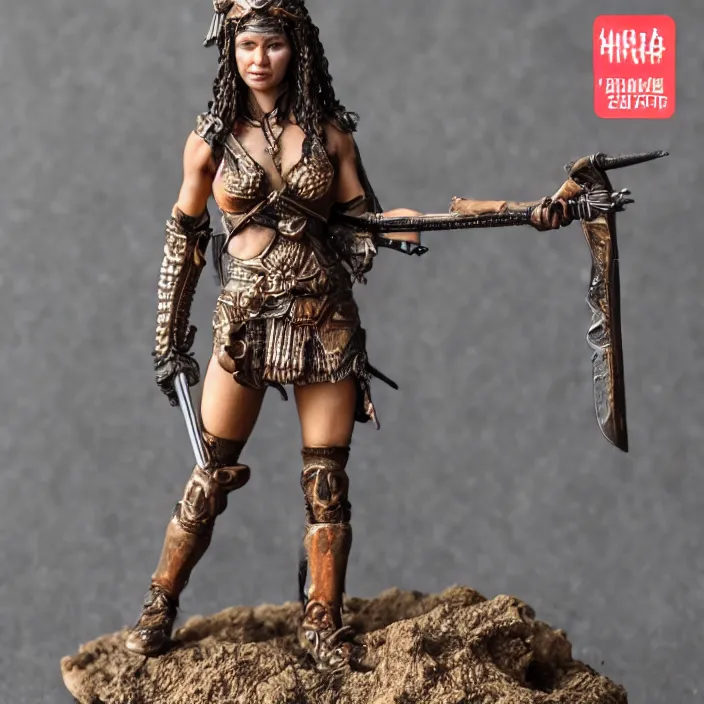 Prompt: 80mm resin highly accurate miniature of warrior woman, standing, beautiful bone structure, Product Introduction Photos, 4K, Full body, simple background