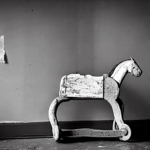 Image similar to an old rocking horse, abandoned in an abandoned, radiated bedroom. the windows are smashed, the wallpaper is peeling, the floorboards are completely rotten. black and white photo. surrealism.