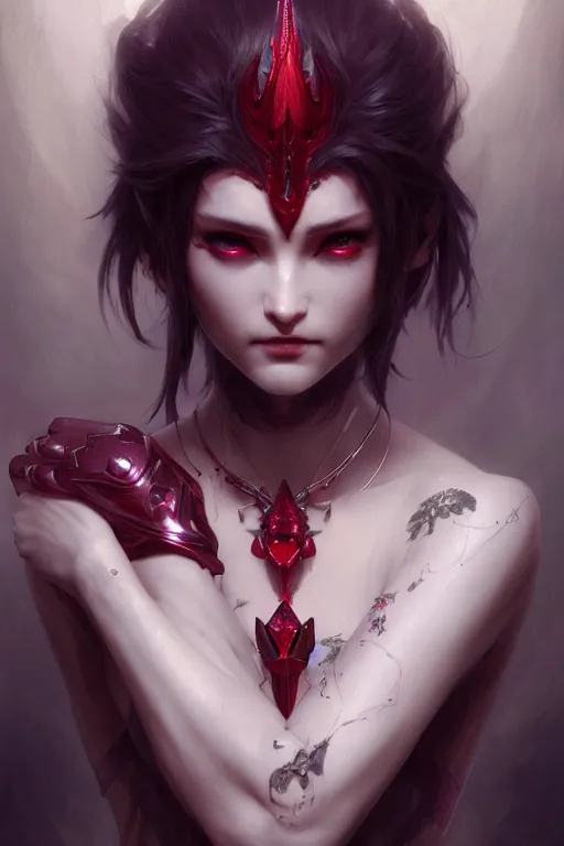 Prompt: beautiful vampire, crystaline diamond armor, intricate lights,, red tattoos, by ruan jia and artgerm and range murata and wlop and ross tran and william - adolphe bouguereau and beeple. realistic hair fantasy illustration. award winning, artstation, intricate details, realistic, hyper detailed 8 k resolution