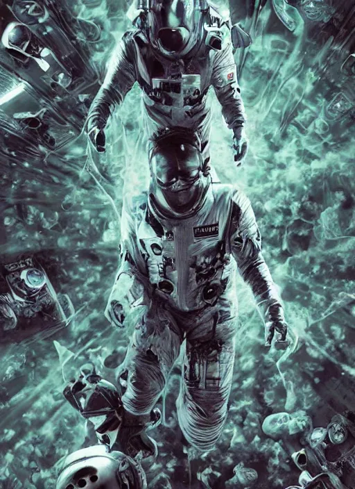 Prompt: astronauts in the dark infinite underwater void - complex and hyperdetailed technical suit, fabric material. reflection and dispersion materials. rays and dispersion of light. volumetric light. wide angle, f / 3 2. noise film photo. flash photography. ultra realistic, wide angle. poster by wayne barlowe, hajime sorayama aaron horkey, craig mullins