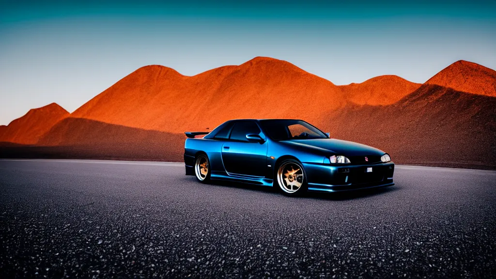 Image similar to three quarter front photo of a stock dark grey nissan r 3 2 skyline gtr on a road in a desert with a mountain in the background in the early morning, car photography, zoom lens, blue hour, photorealistic