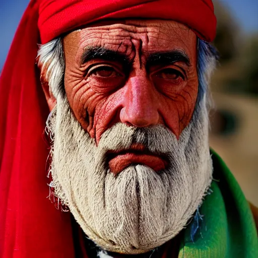 Prompt: portrait of president woodrow wilson as afghan man, green eyes and red scarf looking intently, photograph by steve mccurry