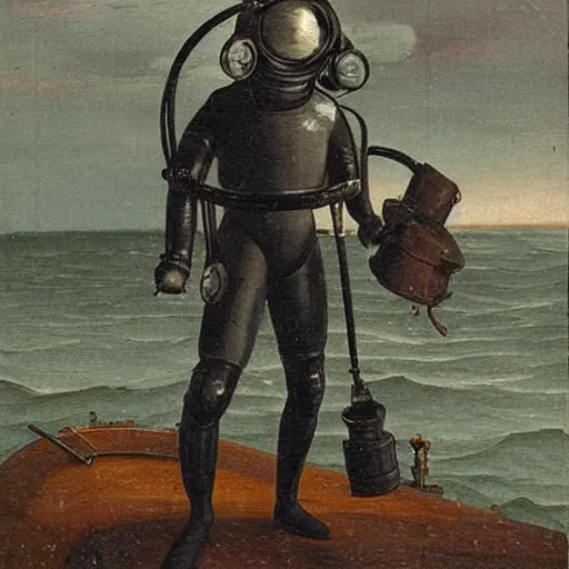 Prompt: 19th century romantic painting of a deep see atmospheric diving suit salvaging a submarine